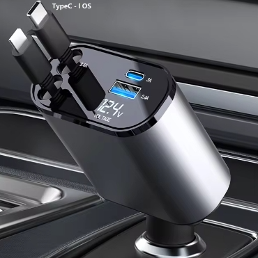 120W USB-C Retractable Car Charger – 4-in-1 Fast Charging