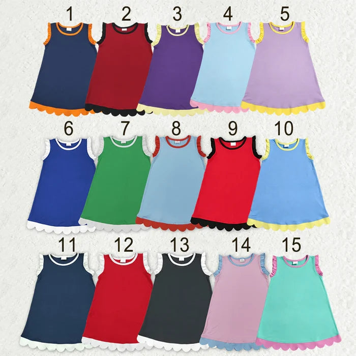 15 Colors Cotton Scalloped Edge Ruffle Girls Knee Length Dress Teams Sisters Wear