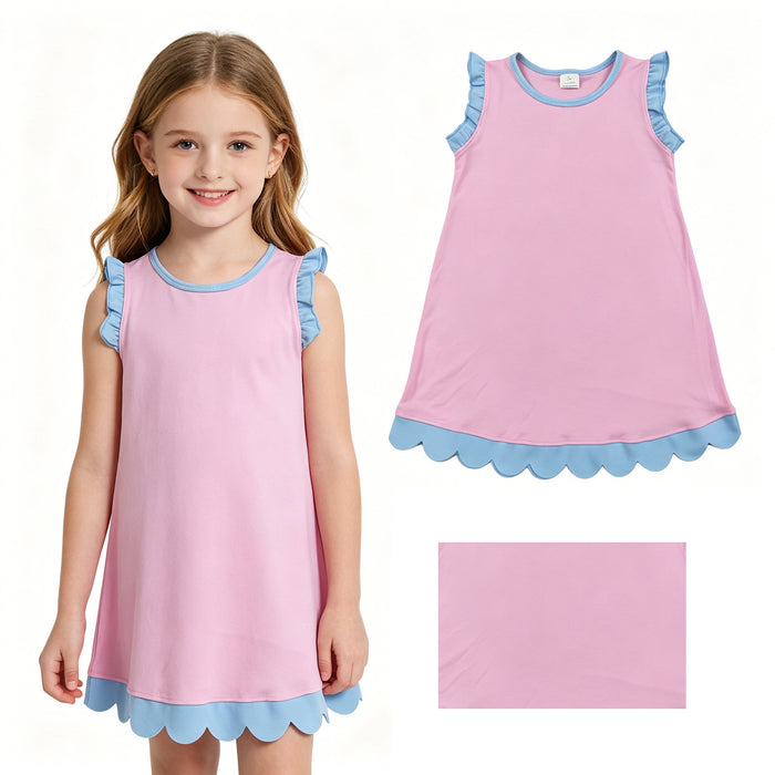 15 Colors Cotton Scalloped Edge Ruffle Girls Knee Length Dress Teams Sisters Wear