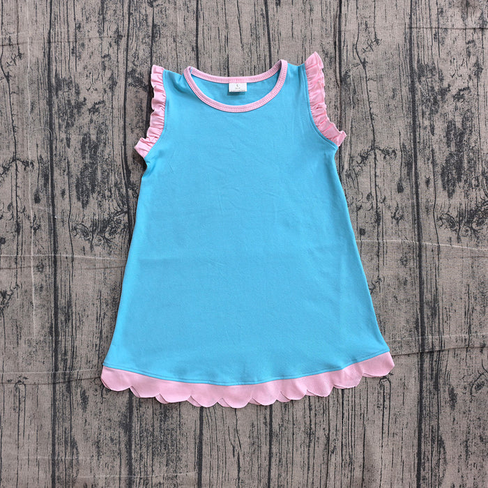 15 Colors Cotton Scalloped Edge Ruffle Girls Knee Length Dress Teams Sisters Wear
