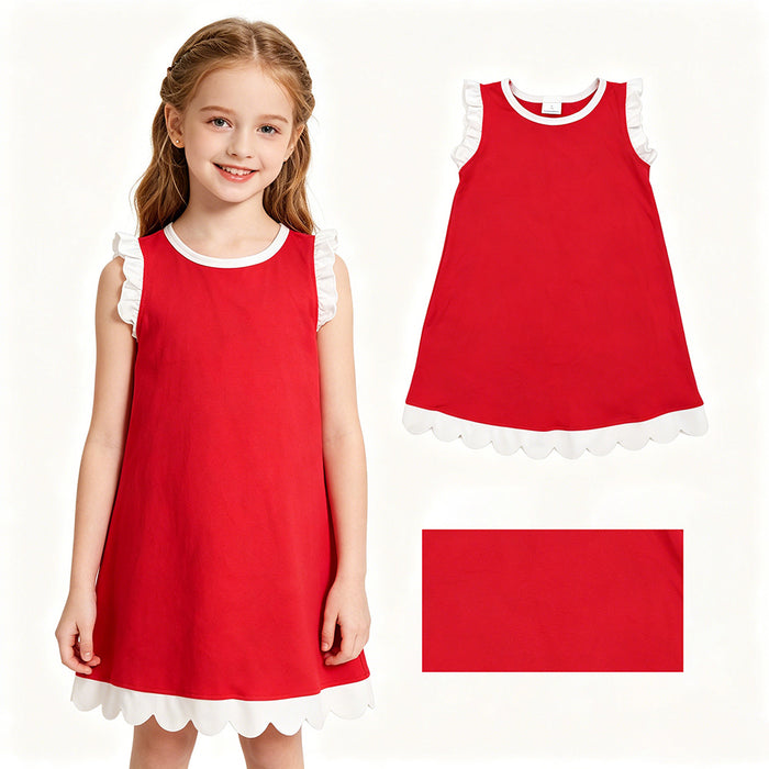15 Colors Cotton Scalloped Edge Ruffle Girls Knee Length Dress Teams Sisters Wear