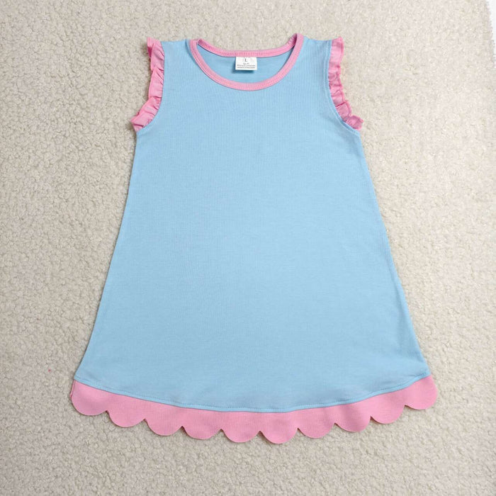 15 Colors Cotton Scalloped Edge Ruffle Girls Knee Length Dress Teams Sisters Wear