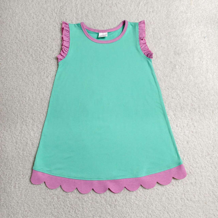 15 Colors Cotton Scalloped Edge Ruffle Girls Knee Length Dress Teams Sisters Wear