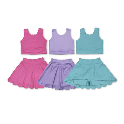 3 Colors Tank Top Skirts Shorts Girls Scallop Yoga Clothes Set Sisters Wear