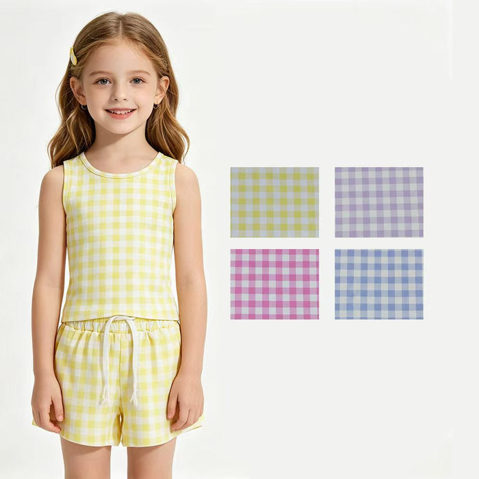 4 Colors Checked Vests Top Flutter Shorts Girls Summer Yoga Active Clothes Set Sisters Wear
