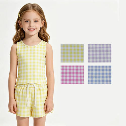 4 Colors Checked Vests Top Flutter Shorts Girls Summer Yoga Active Clothes Set Sisters Wear