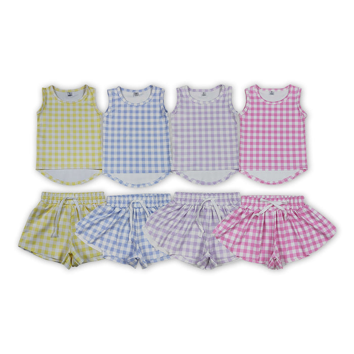4 Colors Checked Vests Top Flutter Shorts Girls Summer Yoga Active Clothes Set Sisters Wear
