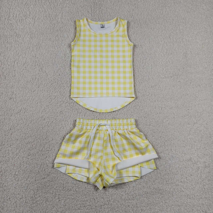 4 Colors Checked Vests Top Flutter Shorts Girls Summer Yoga Active Clothes Set Sisters Wear