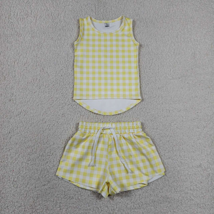 4 Colors Checked Vests Top Flutter Shorts Girls Summer Yoga Active Clothes Set Sisters Wear