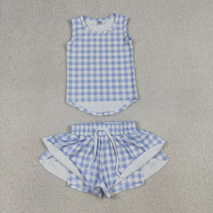 4 Colors Checked Vests Top Flutter Shorts Girls Summer Yoga Active Clothes Set Sisters Wear