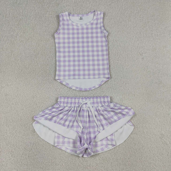 4 Colors Checked Vests Top Flutter Shorts Girls Summer Yoga Active Clothes Set Sisters Wear