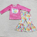 6 A0-2 Pink Top Colorful Bunny Bell Pants Girls Easter Clothes Set
