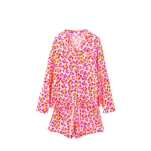 6.24 GLS0118 Preorder Women Pink Leopard Long Sleeve Top with Shorts Pajama Set