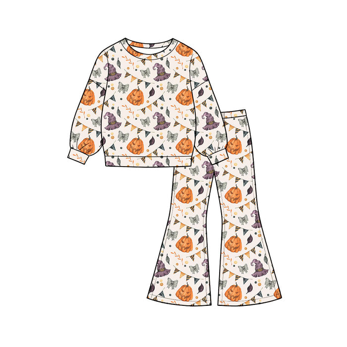6.24 Preorder GLP3421 Pumpkin Bows Print Girls Halloween Clothes Set