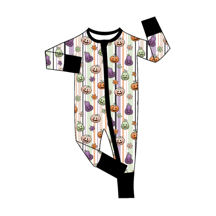 6.24 Preorder LR3122 Pumpkin Stripes Print Baby Halloween Zipper Sleeper Romper
