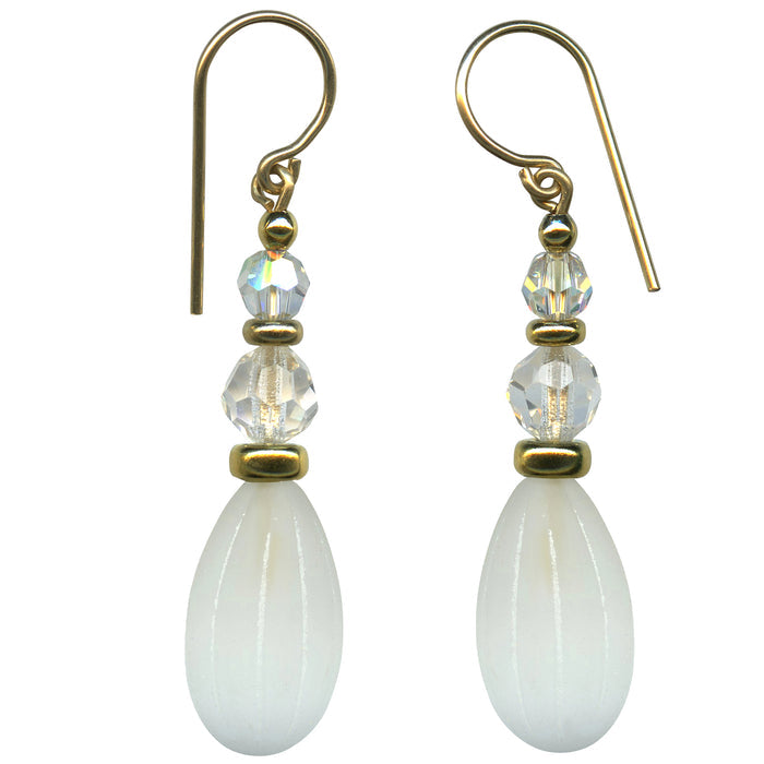 Frosted white earrings with gold trim from Owen Glass Collection, showcasing a sleek and elegant jewelry design.