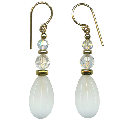 Frosted white earrings with gold trim from Owen Glass Collection, showcasing a sleek and elegant jewelry design.