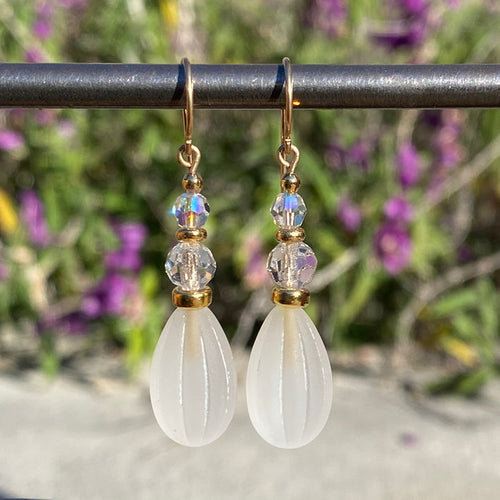 Frosted white earrings with gold trim from Owen Glass Collection, featuring a sleek, elegant design.