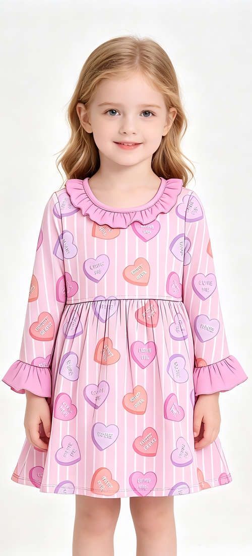 8.28 Preorder Toddler Girls Heart Candy Striped Long Sleeve Ruffle Dress
