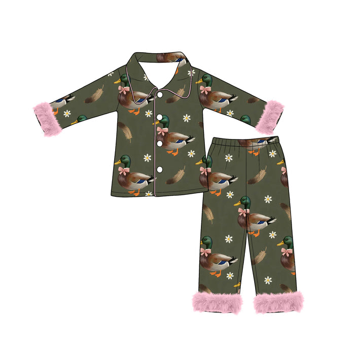 8.5 Preorder Mallard Duck Print Girls Fur Buttons Pajamas Clothes Set