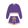 9.10 GLS0248 Preorder Purple Long Sleeve Top Orange Ruffle Shorts Girls Clothes Set