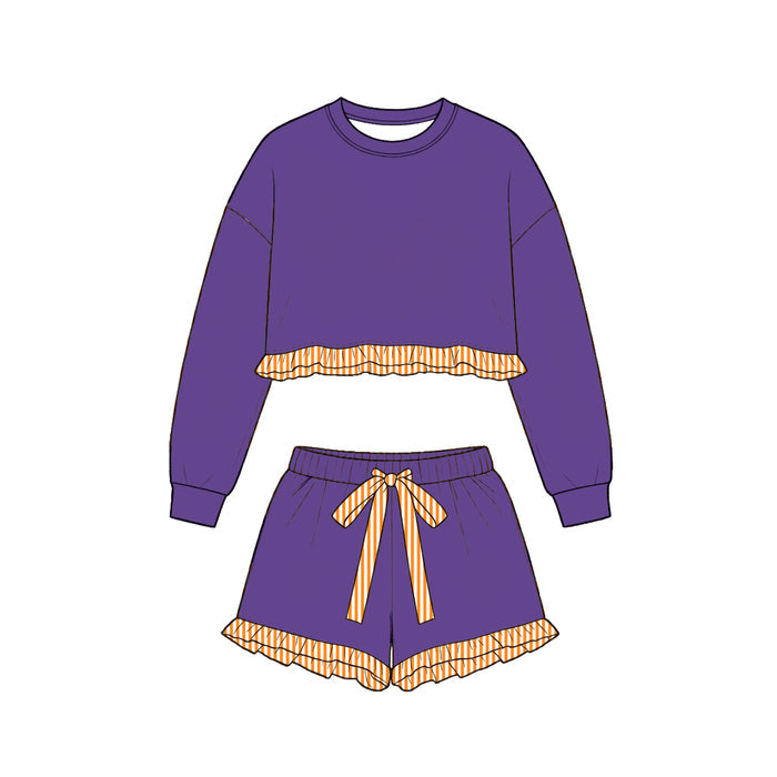 9.10 GLS0248 Preorder Purple Long Sleeve Top Orange Ruffle Shorts Girls Clothes Set
