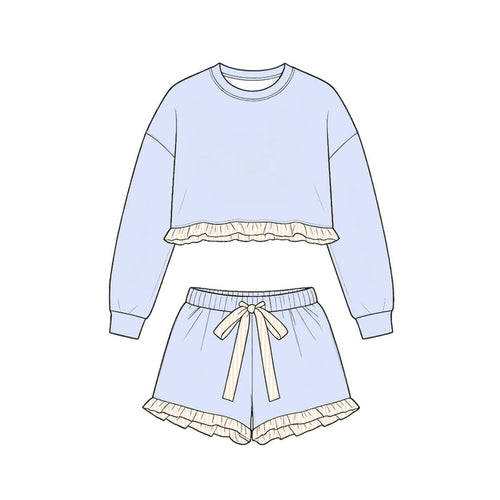 9.10 GLS0250 Preorder Light Blue Long Sleeve Top Orange Ruffle Shorts Girls Clothes Set