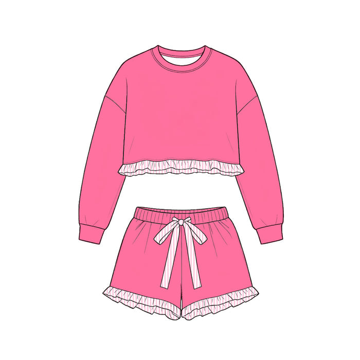9.10 GLS0251 Preorder Hot Pink Long Sleeve Top Orange Ruffle Shorts Girls Clothes Set