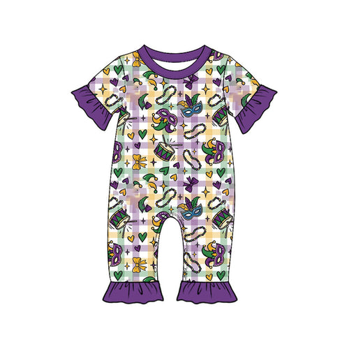 9.10  SR4314 Preorder  Mardi Gras Carnival Print Short Sleeve Romper