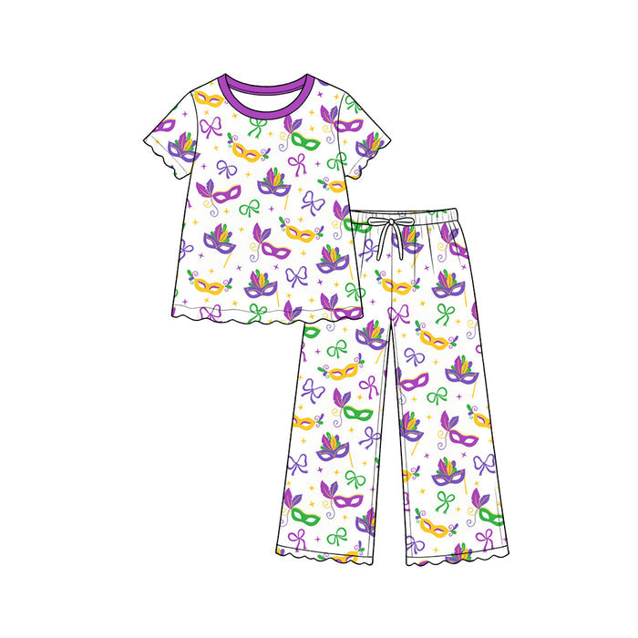 9.15 GSPO2392 Preorder Kids Girls Mardi Gras Mask Short Sleeve Pajama Set
