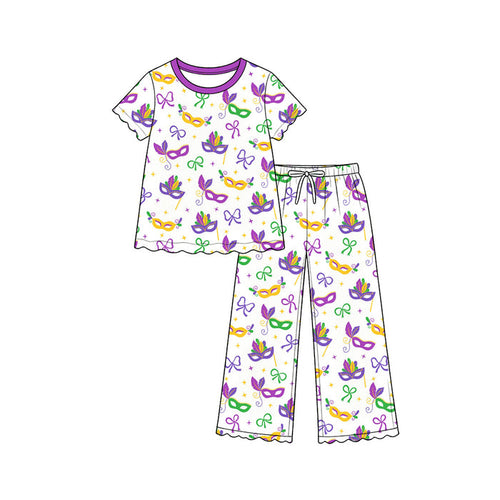 9.15 GSPO2392 Preorder Kids Girls Mardi Gras Mask Short Sleeve Pajama Set