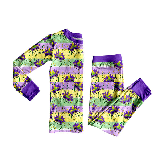 9.17 BLP1619 Preorder Mardi Gras Mask Purple Green Yellow Long Sleeve Pajamas Set
