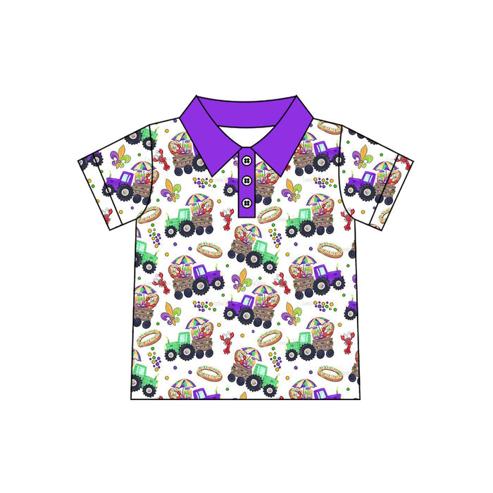 9.3 BT1959 Preorder Baby Boys Mardi Gras Tractor Carwfish King Short Sleeve Polo Shirt