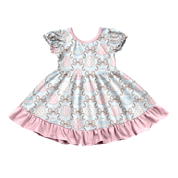 9.4 GSD4320 Preorder Eggs Bows Print Girls Easter Knee Length Dress