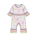 9.4 LR3329 Preorder Colorful Bunny Flowers Print Baby Girls Easter Ruffle Romper