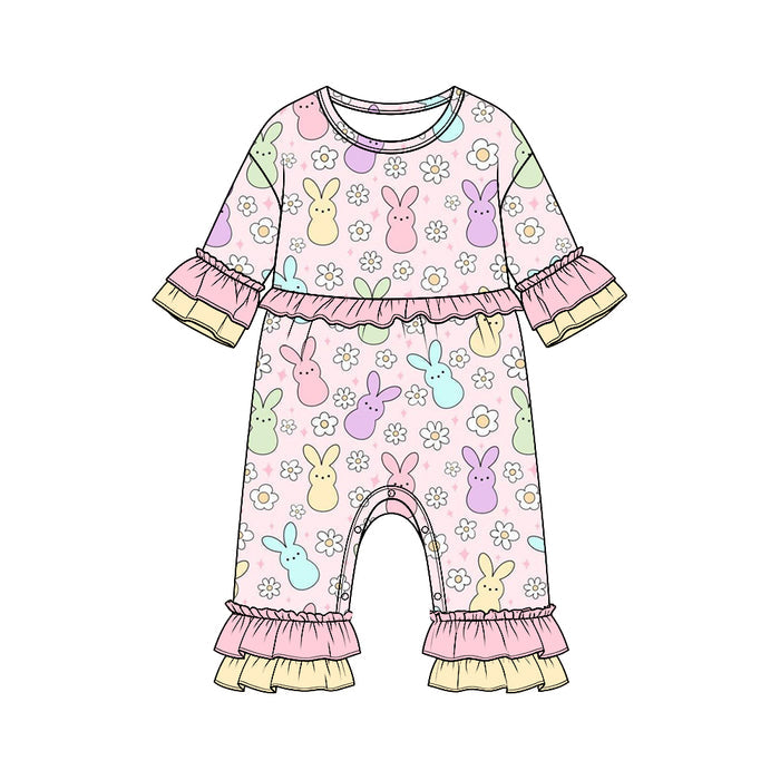9.4 LR3329 Preorder Colorful Bunny Flowers Print Baby Girls Easter Ruffle Romper