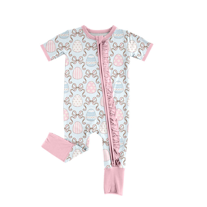 9.4 SR4310 Preorder Eggs Bows Print Baby Girls Easter Zipper Sleeper Romper