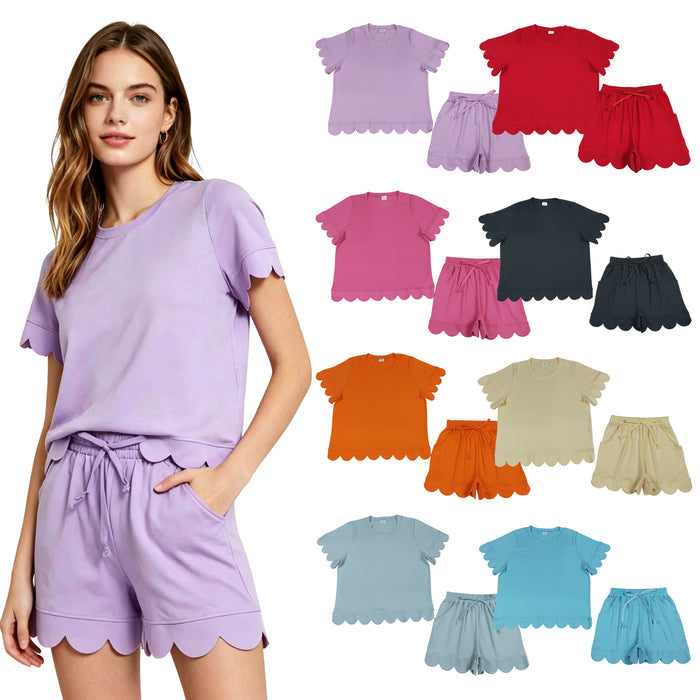 Adult Women Short Sleeve Shirts Top Pockets Short Scallop Clothes Set