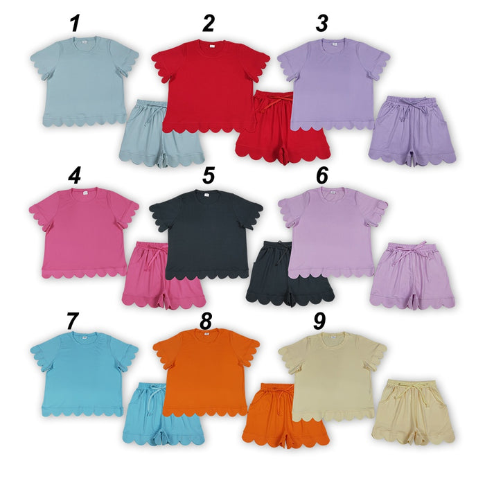 Adult Women Short Sleeve Shirts Top Pockets Short Scallop Clothes Set