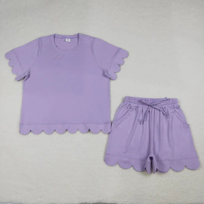 Adult Women Short Sleeve Shirts Top Pockets Short Scallop Clothes Set