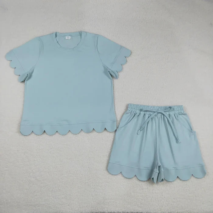 Adult Women Short Sleeve Shirts Top Pockets Short Scallop Clothes Set