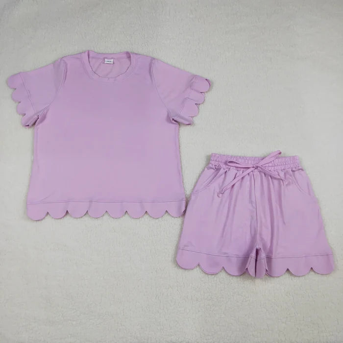 Adult Women Short Sleeve Shirts Top Pockets Short Scallop Clothes Set