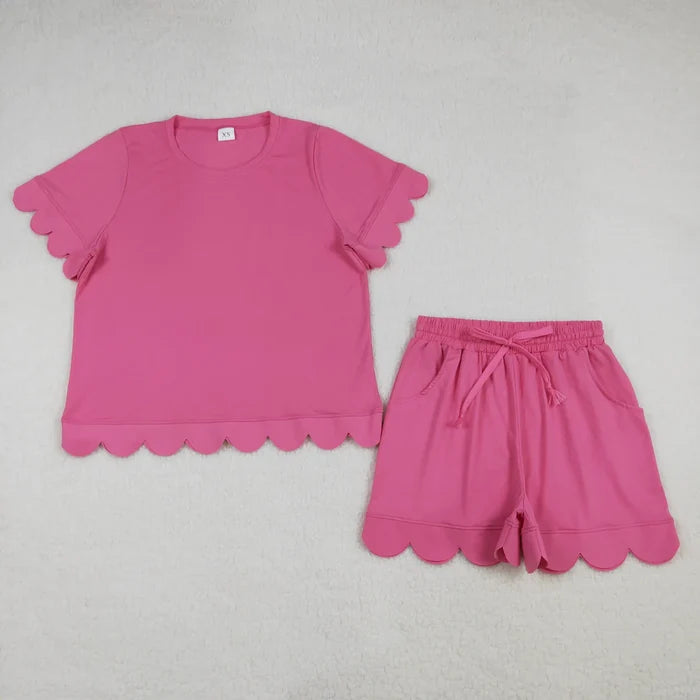 Adult Women Short Sleeve Shirts Top Pockets Short Scallop Clothes Set