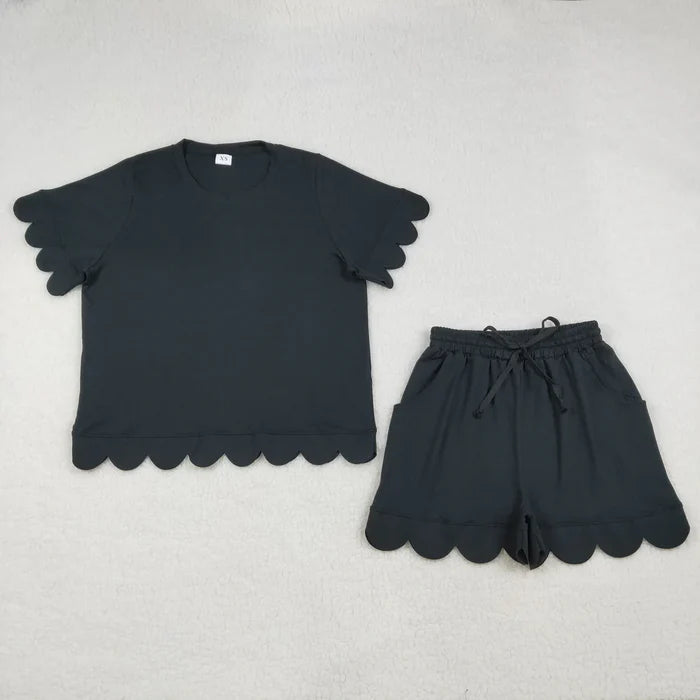 Adult Women Short Sleeve Shirts Top Pockets Short Scallop Clothes Set