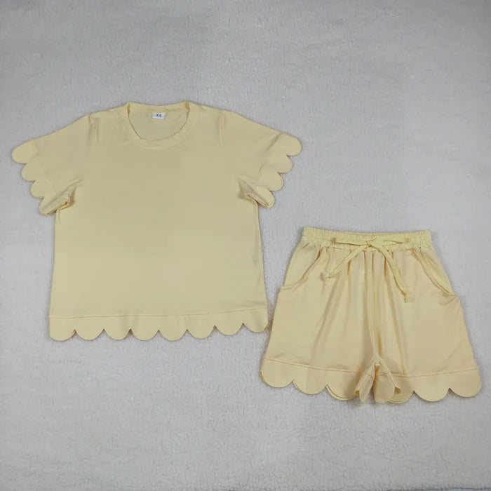 Adult Women Short Sleeve Shirts Top Pockets Short Scallop Clothes Set