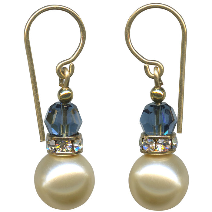 Pearl crystal drop earrings with indigo blue and rhinestone accents from Owen Glass Collection, featuring 15-inch bell-shaped design.