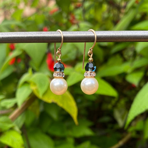 Owen Glass Collection 15-inch pearl crystal drop earrings with indigo blue accents and rhinestone details.
