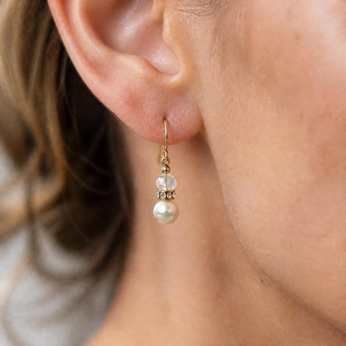 Pearl and crystal drop earrings with antique Czech glass and rhinestone accents from Owen Glass Collection, 17-inch length.