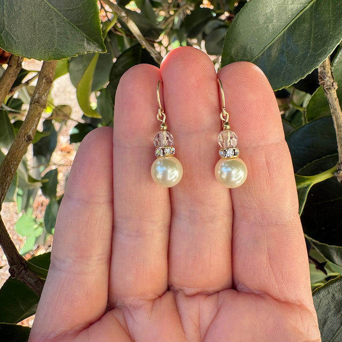 Pearl crystal drop earrings with antique Czech glass and rhinestone accents from Owen Glass Collection, featuring 17-inch length.