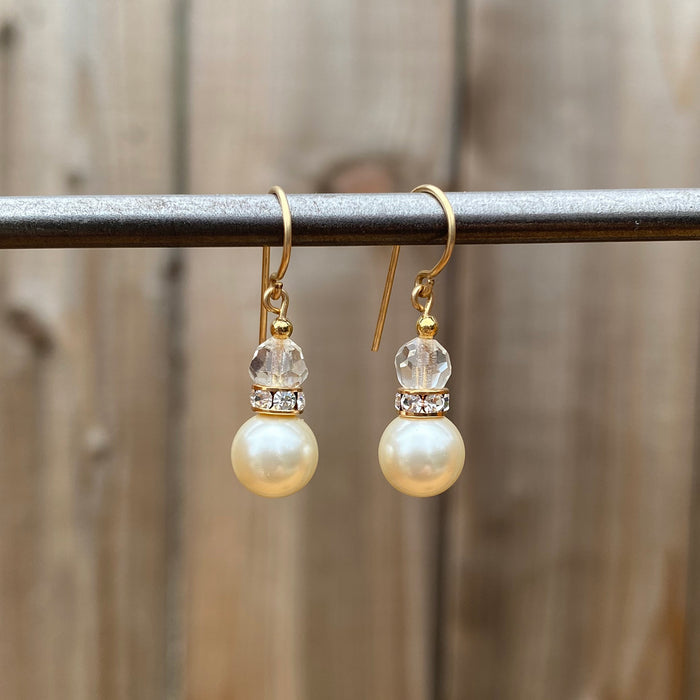 Pearl crystal drop earrings with antique Czech glass and rhinestone accents from Owen Glass Collection, featuring 17-inch length.